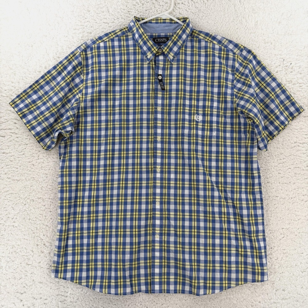 Chaps Mens 3XL Blue Yellow Plaid Short Sleeve Button Down Easy Care Shirt